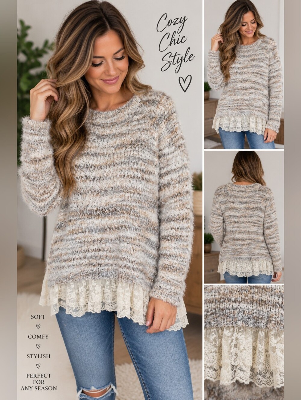 New directions Women's large grey striped lace sweater #27